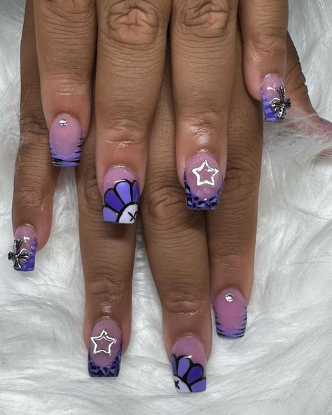 Purple KAWS set💜🖤🩶 Kaws Nails Purple, 13 Birthday Nail Ideas, Purple Set Nails, Nail Ideas Blue And Purple, Light Purple And White Nails Acrylic, Nail Ideas Purple Short, Nail Ideas Kaws, Cute Short Nails Purple, Purple Kaws Nails