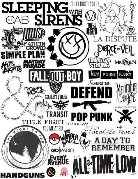 All the faves! This even has a Pokemon and Zelda logo in there. xD Blink182 Of Mice and Men Memphis May Fire Ect.. Mayday Parade, Sleeping With Sirens, Love Band, Of Mice And Men, All Time Low, Rock Punk, Band Logos, Emo Bands, Pierce The Veil