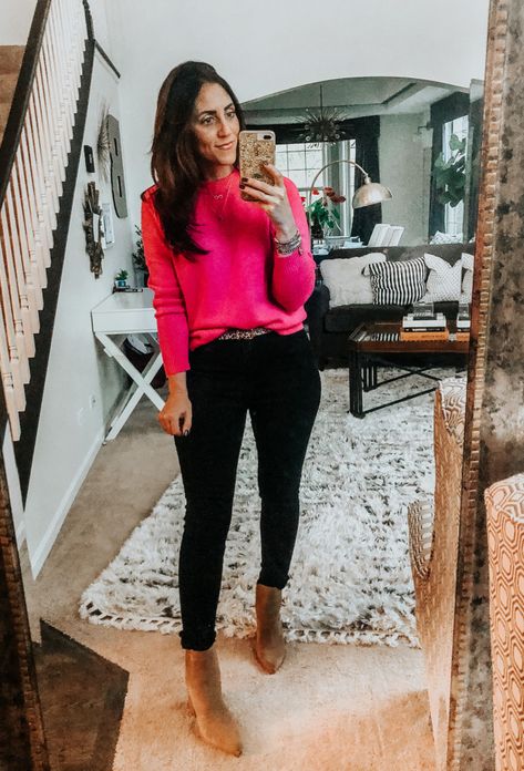 4 Ways // How to Style a Hot Pink Sweater - This is our Bliss Pink Sweater Black Jeans, Fall Pink Sweater Outfit, Fushia Sweater Outfits, Fuschia Fall Outfit, Pink Sweater White Jeans Outfit, Raspberry Sweater Outfits, Hot Pink Pullover Outfit, Fuscia Sweater Outfit, Hot Pink Cardigan Outfit Winter