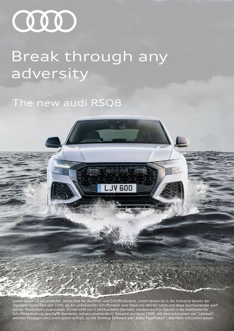 Audi Advertising, Car Ads Creative Advertising, Finance Ads, Audi Car Models, Audi Rsq8, Car Number Plates, Car Advertising Design, One Step Beyond, Advertisement Design