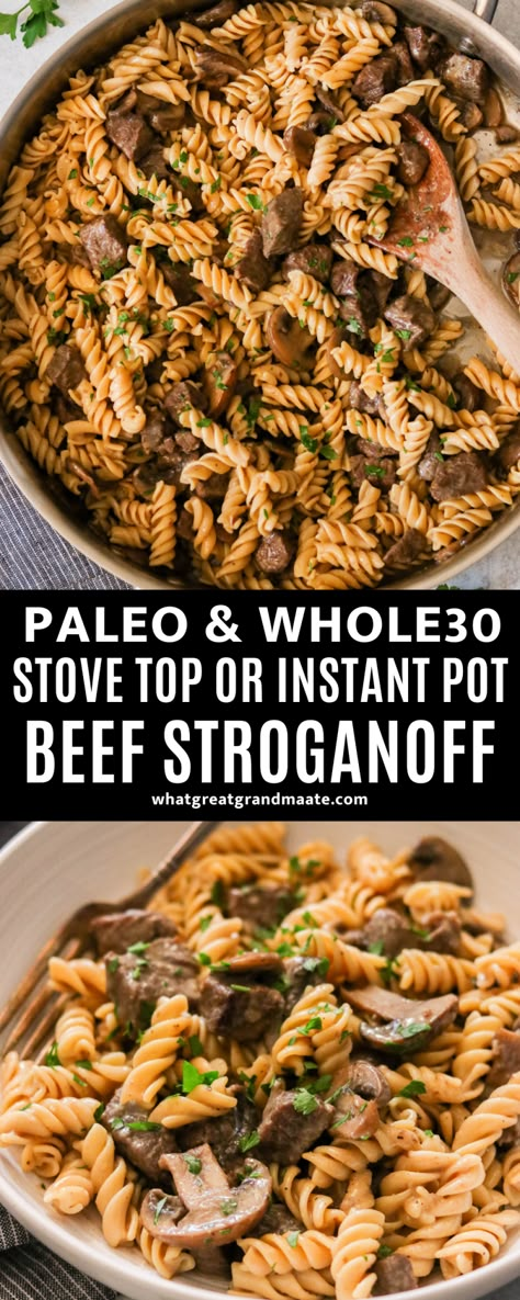 This Whole30 and paleo beef stroganoff recipe comes together easily on the stovetop or the Instant Pot. The creamy sauce is rich in flavor and wonderful over pasta, zucchini noodles, spaghetti squash, or even cauliflower rice! Paleo Dinner Instant Pot, Paleo Aip Instant Pot Recipes, Whole 30 Beef Stroganoff, Paleo Pressure Cooker Recipes, Whole 30 Recipes Instant Pot, Instant Pot Paleo Recipes, Aip Instant Pot Recipes, Dairy Free Beef Stroganoff, Paleo Beef Stroganoff