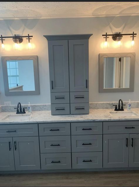 2 Sink Bathroom Vanities, Double Sink Vanity Storage Ideas, Double Sink Bathroom Vanity With Cabinet In Middle, Bathroom Cabinet On Countertop, Double Sink Master Bath Vanity, Cabinet Between Sinks In Bathroom, Mirrors Over Bathroom Vanities, Modern Farmhouse Master Bath Vanity, Dual Sink Bathroom Vanity Master Bath