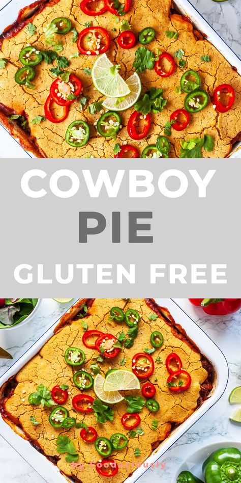 Made with a spicy chilli bean filling and a gluten-free cornbread topping, this hearty cowboy pie recipe is the perfect family-dinner casserole dish. cowboy pie ground beef, casserole recipes for dinner, casserole recipes for dinner healthy, casseroles dinners , casseroles dinners comfort foods, cornbread casserole, cornbread recipe easy,   #cowboypie #casserole #dinner Healthy Casseroles Dinners, Chilli Cornbread Casserole, Beef Casserole Recipes For Dinner, Casserole Recipes For Dinner Healthy, Casseroles Dinners, Cornbread Recipe Easy, Dinners Casseroles, Cowboy Pie, Vegan Enchilada Casserole