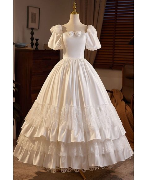 Romantic Retro Lace Satin Ballgown Wedding Dress with Bubble Sleeves -  #Ballgown #Bubble #Dress #Lace #Retro #Romantic #Satin #Sleeves #Wedding Satin Ballgown Wedding Dress, Satin Ballgown Wedding Dresses, Wedding Dress With Short Sleeves, Satin Homecoming Dresses, Satin Ballgown, Ballgown Wedding Dress, Dama Dresses, Ballgown Wedding, Satin Homecoming Dress