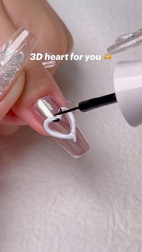 3d Heart Nails, 3d Nail Art Designs, Gel Glue, Chrome Powder, 3d Heart, 3d Nail, Acrylic Powder, Heart Nails, 3d Nail Art