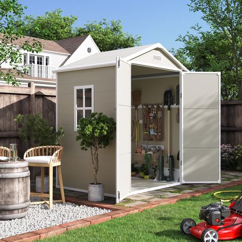 PRICES MAY VARY. SPACIOUS 6ftx4.5ft STORAGE SHED：Roof: 71.6 inch (L)x53.3 inch (W); Base: 67.1 inch (L)x 48.3 inch (W); Hight 82.2 inch. UDPATIO resin shed offers a generous amount of storage room for various items such as gardening tools, outdoor sports gear, and seasonal items. It serves as a valuable extension to your yard, whether storing tools or providing a cozy home for your pet, or use as a bin storage room RECYCLABLE RESIN MATERIAL：Our storage shed is crafted with 12 MM premium polyprop Backyard Bike Storage, Bike Shed Storage, Lean To Storage Shed, Outdoor Storage Ideas, Outside Storage Shed, Outside Sheds, Resin Sheds, Backyard Storage Sheds, Pallet Shed