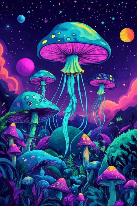 Cosmic Mushroom Wonderland Canvas Print Inspired by Surrealist Artists Colorful Wall Art for Home Decor and Nature Lovers by CustomCanvasCurators 🌌✨ Step into a world of wonder with our 'Cosmic Mushroom Wonderland' canvas print! 🍄🎨 Let the vibrant colors and intricate details transport you to a surreal landscape, where nature meets the cosmos. Perfect for art enthusiasts and nature lovers, this piece will add a touch of whimsy to any room. Elevate your space with a burst of creativity and e... Trippy Mural, Colorful Mushroom Art, Cosmic Mushroom, Mushroom Wonderland, Surrealist Artists, Dreamlike Landscape, Color Out Of Space, Magic Mushroom, Art For Home Decor