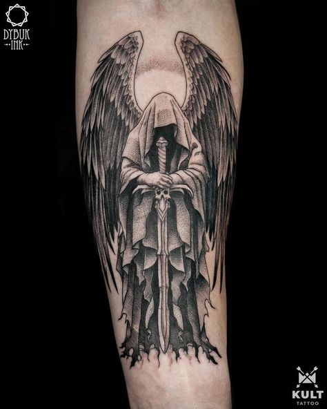 Warrior Tattoo Forearm, Angel Tattoos For Men, Dark Tattoos For Men, La Santa Muerte Tattoo, Dark Angel Tattoo, Angel Warrior Tattoo, Arm Cover Up Tattoos, Guardian Angel Tattoo Designs, Angelo Guerriero