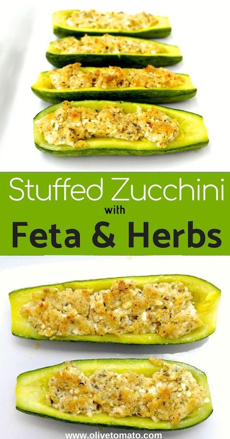 Stuffed Zucchini with feta and herbs Golden Zucchini, Mediterranean Zucchini, Zucchini Stuffed, Zucchini Boat Recipes, Feta Cheese Recipes, Easy Zucchini Recipes, Zucchini Feta, Stuffed Zucchini, Meal Prep Plans