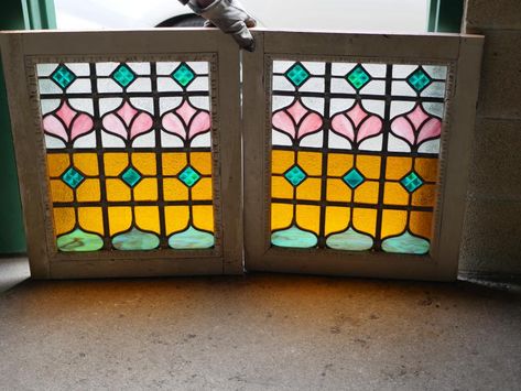 Vintage Glass Window, French Stained Glass Windows, Hang Stained Glass In Front Of Window, 1920s Stained Glass Windows, Small Stained Glass Windows, Stained Glass Rectangle, English Windows, Stained Glass Square, Stained Glass Cabinets