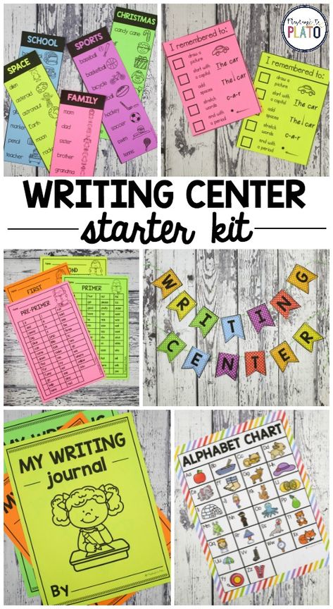 Editable Writing Center Starter Kit! This writing kit is the perfect low-prep way to keep centers engaging all year long with kindergarten and first grade kids!  Or the perfect way to make go-to writing folders each student can keep in her desk and pull out during writing time It even has EDITABLE sheets so you can create just-right word lists and lined paper with customized rubrics! #PlaydoughToPlato #teacherspayteachers #writingcenters #kindergarten #firstgrade First Grade Writing Center, Abc Charts, Centers First Grade, Writing Rules, Writing Center Kindergarten, Kindergarten Writing Activities, Prompts Writing, Writing Time, Writing Folders