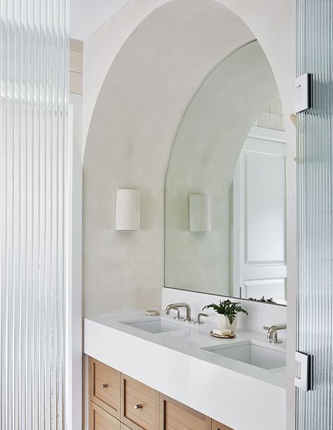 House & Home - Fresh Bathroom Reno Tips From Collective Studio Alcove Design, Bathtub Alcove, Round Wooden Mirror, Reno Tips, Palm Beach House, Coastal Mediterranean, Fresh Bathroom, Collective Studio, His And Hers Sinks