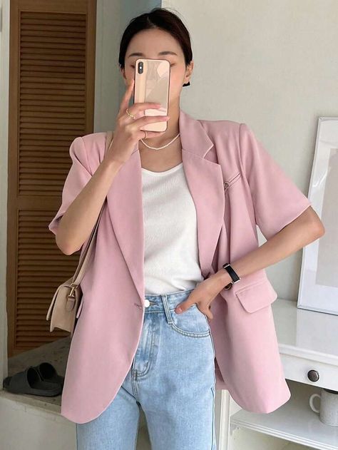 Blazer Short Sleeve, Women Blazers, Single Button Blazer, Pink Blazer, Collar Top, Blazer Buttons, Lapel Collar, Blazers For Women, Dusty Pink