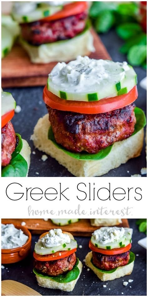 Greek Sliders | These easy Greek Sliders make an awesome appetizer recipe for parties. Make this football party food when you watch the game or serve them as an easy appetizer recipe at a cookout. These grilled Greek sliders are grilled burgers topped with homemade tzatziki to make a delicious slider!  AD |  GreaterOutdoors | Ownyourparty @biggreenegg @aussiebeeflamb Greek Canapes, Greek Finger Food, Mediterranean Sliders, Greek Sliders, Nye Recipes, Greek Food Party, Wedding Canapés, Santorini Party, Football Party Food Appetizers