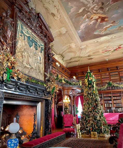 Mansion Library Aesthetic, Biltmore Estate Library, Estate Library, Mansion Library, Biltmore Estate Interior, Staircase Fireplace, Biltmore Christmas, Aesthetic Christmas Tree, House Library