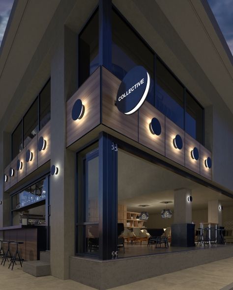 Modern Restaurant Exterior Design, Glass Restaurant Design Exterior, Commercial Building Lighting Exterior, Exterior Commercial Building Lights, Shop Front Signage Lighting, Restaurant Exterior Design, Small Restaurant Design, Restaurant Exterior, Storefront Design