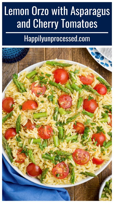 a bowl of lemon orzo pasta with chopped asparagus and cherry tomatoes Orzo With Asparagus, Orzo Asparagus, Asparagus And Cherry Tomatoes, Pasta Orzo, Light Side Dishes, Slow Cooker Pasta Recipes, Garlic Dressing, Lemon Orzo, Lemon Asparagus