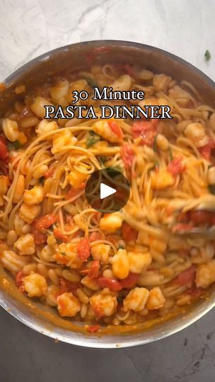 274K views · 2.4K reactions | This 30-minute pasta dinner will be your go-to, back-pocket dinner! It’s quick, easy, absolutely stunning, and a crowd-pleaser. 

Ingredients:
1 ½ lbs shrimp, deveined and shelled
1½ tsp salt
½ tsp pepper
¼ cup olive oil
5 cloves minced garlic
30 ounces grape tomatoes
2 cans cannellini beans, drained
½ tsp Calabrian chili flakes (optional)
½ cup fresh basil
¾ lbs spaghetti

-Use a scissor to cut the shrimp into small pieces. Season with ½ tsp salt and ¼ tsp pepper. 
-Heat ¼ cup olive oil over medium heat. Add minced garlic and sautè until golden brown then add tomatoes. As soon as the tomatoes start to soften, use a potato masher to burst them. 
-Bring a large pot of water to boil. Add the spaghetti and cook al dente.
-Add the cannellini beans, remaining salt, Shrimp Pasta Dishes, Pieces Season, Calabrian Chili, One Pot Dinners, Shrimp Recipes For Dinner, Potato Masher, Pasta Dinners, A Potato, Dinner Sides