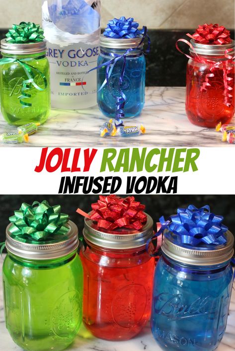 How to make Jolly Rancher Vodka recipe in a mason jar! Watermelon, apple and blue raspberry jolly ranchers flavors for holiday / Christmas themed drinks. Or use your favorite flavors to make this drink anytime of the year! Rompope Recipe, Christmas Themed Drinks, Jolly Rancher Vodka, Jolly Rancher Flavors, Vodka Recipes Drinks, Jolly Ranchers, Mason Jar Drinks, Homemade Liquor, Alcholic Drinks