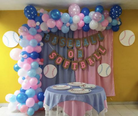 Gender Reveal | Boy or Girl | Baseball or Softball ⚾️ 🥎 Softball Themed Gender Reveal, Baseball And Softball Gender Reveal, Baseball Or Bows Gender Reveal Decor, Baseball Gender Reveal Party Decorations, Softball Baseball Gender Reveal, Softball Or Baseball Gender Reveal, Softball Gender Reveal Ideas, Gender Reveal Baseball Theme, Baseball Or Bows Gender Reveal Ideas