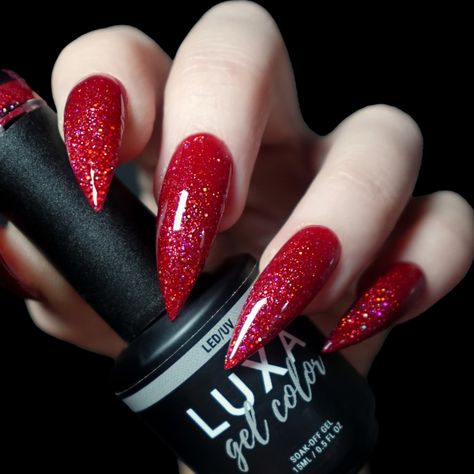 Red Glitter Stiletto Nails, Dark Red Sparkle Nails, Red Nails With Hearts, Red And Glitter Nails, Sparkle Red Nails, Red Glitter Nail Designs, Red Glittery Nails, Red Glass Nails, Glittery Red Nails