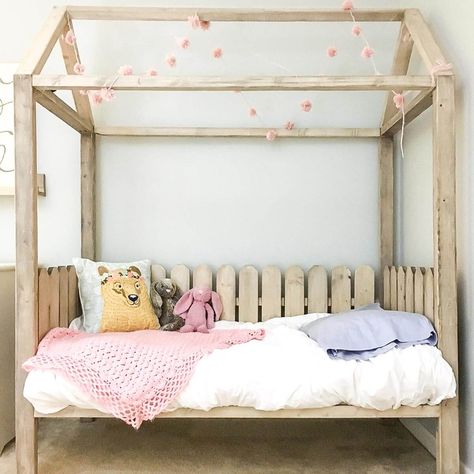 diy-toddler-house-bed Diy Toddler House Bed, Toddler Canopy Bed, Diy Bed Frame Plans, Toddler House, Twin Canopy Bed, Diy Toddler Bed, Toddler House Bed, Bed Frame Plans, Canopy Bed Frame