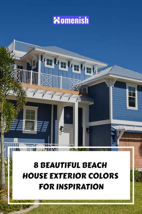 The exterior of a coastal property should complement the natural surroundings, which is why so many beach houses have blue siding. However, there is a wide range of color options that can be stunning in a seaside environment, whether you want to stand out from the crowd or blend into the background. Navy Beach House Exterior, Beach Homes Exterior Seaside, Beautiful Beach Houses Exterior, Seaside House Exterior, Blue Beach House Exterior, White Beach House Exterior, Exterior Beach House Colors, Modern Coastal Home Exterior, Coastal Exterior House Colors