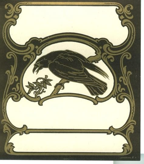 Vintage Art Nouveau Raven Label Nouveau Tattoo, Crow Art, Raven Art, Baba Yaga, Alphonse Mucha, Ex Libris, Vintage Ephemera, Book Plates, Inspiration Art