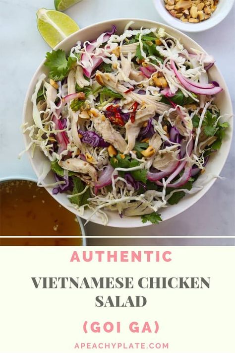 Crunchy, tangy, full of umami flavored goodness in this goi ga. Mom’s authentic Vietnamese chicken salad recipe that’s delicious and sure to satisfy. #Vietnamesefood #goigarecipe #vietnemasechickensalad #goiga #vietnamesesalad Vietnamese Chicken Cabbage Salad, Yum Yai Salad, Vietnamese Salad Recipes, Goi Ga, Vietnamese Chicken Salad, Salad Asian, Vietnamese Salad, Easy Vietnamese Recipes, Boiled Chicken Recipes