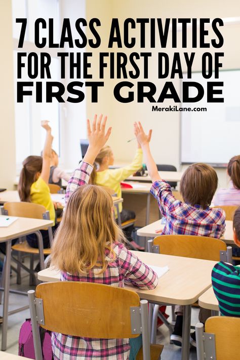 7 Super Fun First Day of School Activities for First Grade | While not as big a transition from PreK to Kindergarten, the start of elementary school can still cause nervousness in young kids. Whether this is your first or 10th first day of first grade as a teacher, it's important to have games, activities, and other tips up your sleeve to ensure the first day is a smooth one and that your students leave feeling safe, included, and EXCITED about the year ahead. Click for tips and ideas! First Day In School Activities, First Grade Activities Fun, First Day Of School Activities 1st Grade Fun, Elementary School Activities Games, First Day Activities For First Grade, 1st Day School Activities, First Day Class Activities, Fun Activities For 1st Grade, First Day First Grade Activities