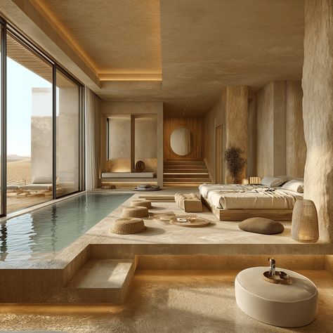 Spa Like Living Room Ideas, Dreamcore Architecture, Transparent Architecture, Organic Pool, Cantilever Structure, Spa Design Interior, Desert Architecture, Resort Interior Design, Sand House