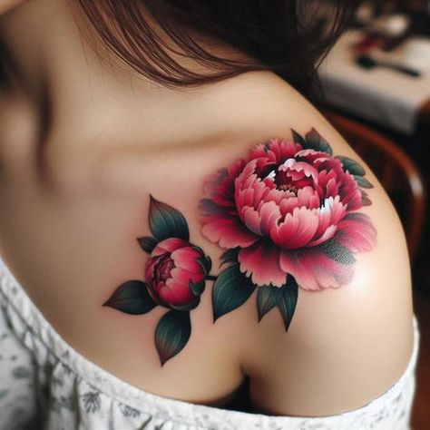 Peony Flower Tattoo Design Color, Color Peonies Tattoo, Peony Bud Tattoo, Japanese Peony Drawing, Peony Back Tattoo, Colour Peony Tattoo, Peony Tattoo Purple, Bold Peony Tattoo, Peony Drawing