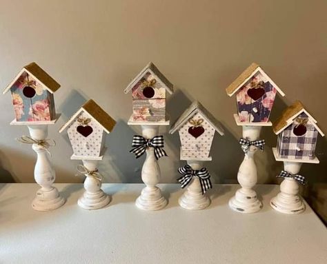 Bird Houses Decor, Dollar Tree Picket Fence Crafts, Birdhouse Decor Indoor, Birdhouses Diy, Birdhouse Crafts, Takken Decor, Birdhouse Decor, Spindle Crafts, Birdhouse Craft