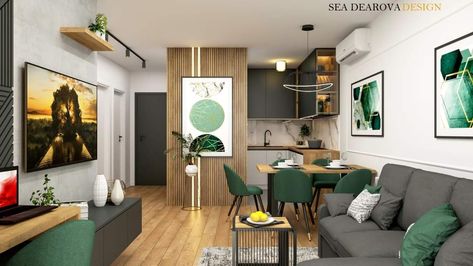 Staircase Lighting Ideas, Open Space Living Room, Living Room Dining Room Combo, Small Apartment Design, Staircase Lighting, Green Furniture, Dining Room Combo, Kitchen Design Decor, Grey Flooring