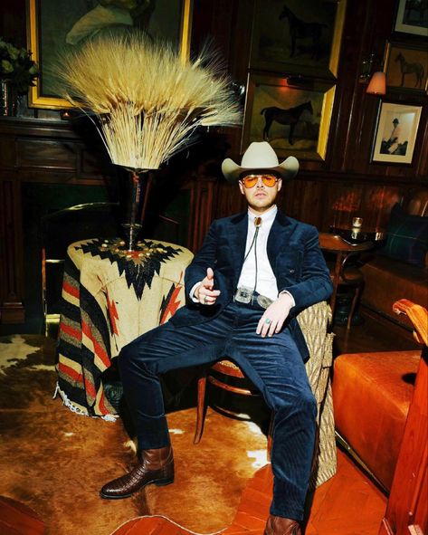 Country Chic Mens Outfit, Disco Cowboy Guy Outfit, Men’s Western Cocktail Attire, Edgy Cowboy Aesthetic, Man Cocktail Outfit, Cowboy With Suit, Magazine Shoot Fashion Editorials, Rodeo Men Outfit, Western Chic Mens Outfit