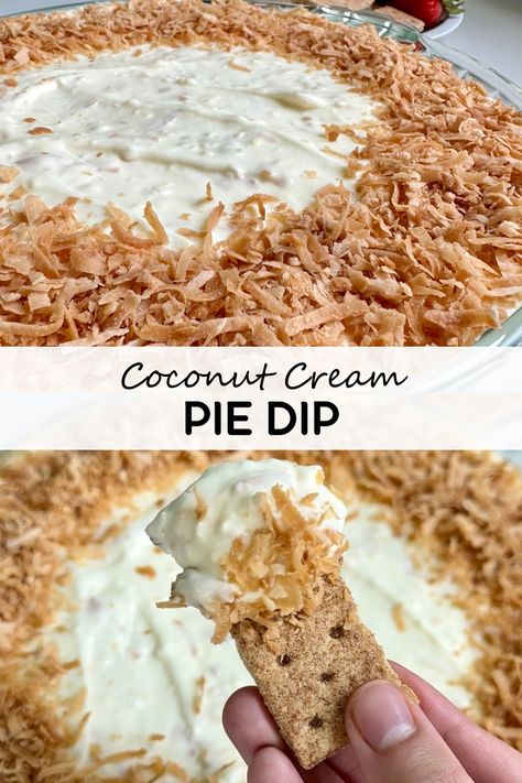 Coconut cream pie dip has as all the flavors of coconut cream pie but served up as a delicious no-bake dessert dip! Coconut Cream Dip Recipe, Coconut Crème Pie Recipe, Coconut Cream Pie Dip 12 Tomatoes, Coconut Cream Recipes Canned, Coconut Cream Pie Dip, Coconut Dip, Dips Sweet, Cake Batter Dip, Pie Dip