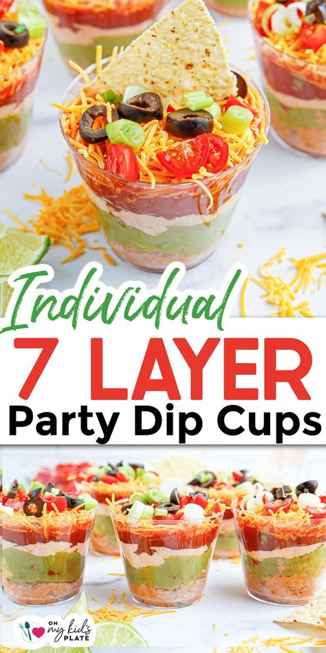 Seven Layer Dip Cups Individual, Individual Mexican Dip Cups, Double Decker Taco Cups, How To Serve Individual Chips And Salsa, Individual Snacks For A Crowd, Individual Taco Dip Cups, Walking Taco Dip, Individual Crudite Cups, Dip Cups For Party