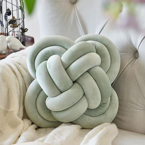 Xuyier Knot Pillow Ball, Decorative Throw Pillows with Velvet Fabric for Couch Bed, 12" Decor Knotted Square Floor Pillow Cushions for Living Room (12 Inches, Sage Green) Green And White Pillows, Throw Cushions Living Room, Light Green Room Decor, Sage Green Bedroom Ideas Accent Colors, Light Green Room Aesthetic, Sage Room Decor, Sage Green Throw Pillows, Green Pillows Living Room, Sage Green Pillows