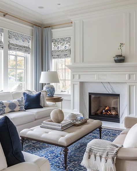 Traditional Living Room Decor Ideas French Country Blue And White, Blue And White Interiors, Blue Accent Living Room Decor, Blue And Cream Living Room Ideas, Hamptons Style Decor Living Rooms, Living Room White And Blue, White Blue Living Room, Blue Accent Living Room, Blue And White Family Room