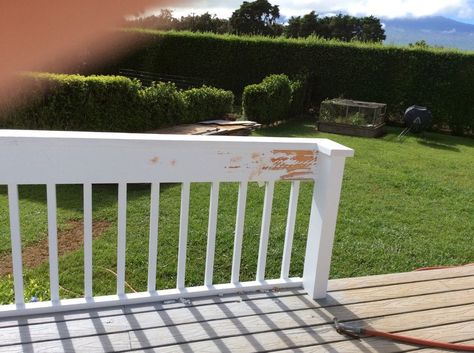 Painting Deck Railing, Paint Deck Railing, Removing Railings From Porch, How To Repaint Wood Deck, How To Strip Paint Off Wood Deck, Painted Wood Deck, Porch Handrails, Deck Handrail, Pvc Railing