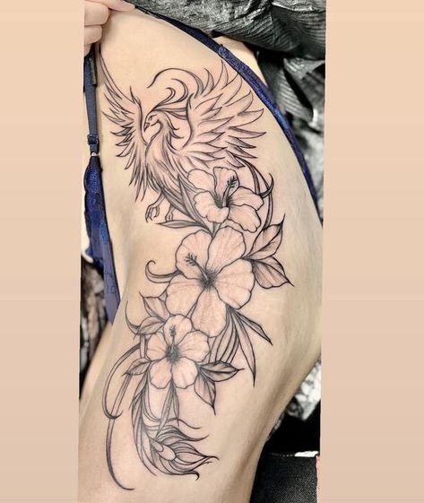 Phoenix With Flowers Tattoo, Phoenix And Flower Tattoo, Rise Above Tattoo, Hibiscus Flower Tattoos, Terrible Tattoos, Bird Tattoos, Thigh Piece, Thigh Tattoos Women, Phoenix Tattoo