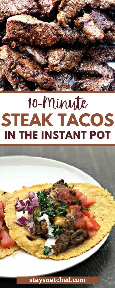 Tantalizing Instant Pot steak tacos make a delicious and convenient meal. Tender steak pieces cooked to perfection in the Instant Pot, served with crema, salsa and tomatoes in a warm, corn tortilla. Enjoy the flavor explosion! Quick and easy 10-minute Instant Pot steak tacos are a healthy and skinny meal. Pressure Cooker Steak, Instant Pot Steak, Minute Steak, Minute Steaks, Electric Pressure Cooker Recipes, Steak Tacos, Juicy Steak, Fresh Salsa, Instapot Recipes