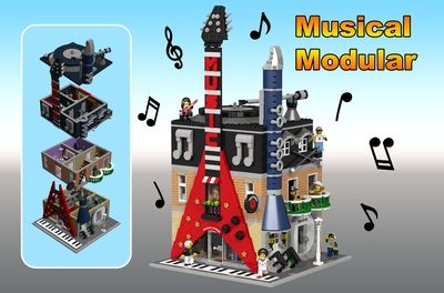 LEGO IDEAS - Shopping Streets 2 Lego Music, Corner Building, Punk Concert, Jazz Quartet, Classical Musicians, Modular Building, Record Shop, Music Shop, Lego Projects