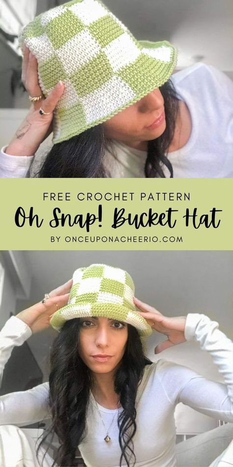 Checkered Bucket Hat, Pola Topi, Bucket Hat Pattern, Mode Crochet, Crochet Hat Free, Crochet Design Pattern, Oh Snap, Crochet Hats Free Pattern, Crochet Cap