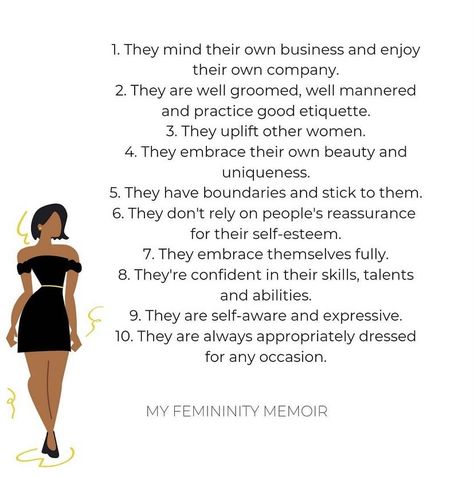 Traits Of High Value Women, Self Love Aesthetics Picture, How To Be Charismatic Woman, How To Become A Maneater, Feminine Tips How To Be, How To Act More Feminine, How To Be Ladylike, How To Be Feminine Black Women, Attributes Of A Good Woman