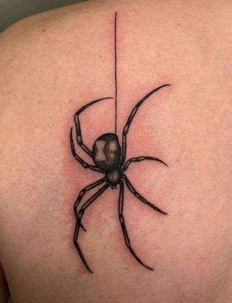 Spider Crawling Tattoo, Dangling Spider Tattoo, Spider Thigh Tattoo, White Spider Tattoo, Spider Hanging From Web Tattoo, Salem Tattoo, Spider Tattoo Ideas, Spider Tats, Spider Tattoos