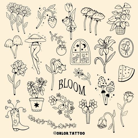 new mushroom and flower handpoke flashsheet! 🍄 🌷 really excited for these! available now to tattoo :) happy to include some of these in my 3 for £150 deal so just ask me about which ones you’re interested in! available in black or colour! swipe for colour options but can do any colours you like. we can also do these designs with shading too and I can edit any design slightly for you as well. and I can do any word in the “bloom” style message or use my booking form to book yours 🥳 evenings... Interesting Design Ideas, Garden Flash Tattoo, Flash Tattoo Mushroom, Small Scattered Tattoos, Simple Shaded Tattoos, At Home Tattoo Ideas, 3 Flower Tattoo, Mushroom Tattoos Simple, Cute Mushroom Tattoo