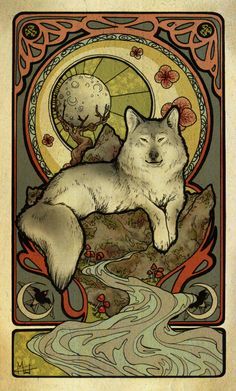 Deco wolf Art Nouveau Tattoo, Nouveau Tattoo, Tattoo Zeichnungen, Art Nouveau Illustration, Art Nouveau Poster, Gray Wolf, New Fantasy, Trendy Art, Wolf Tattoos