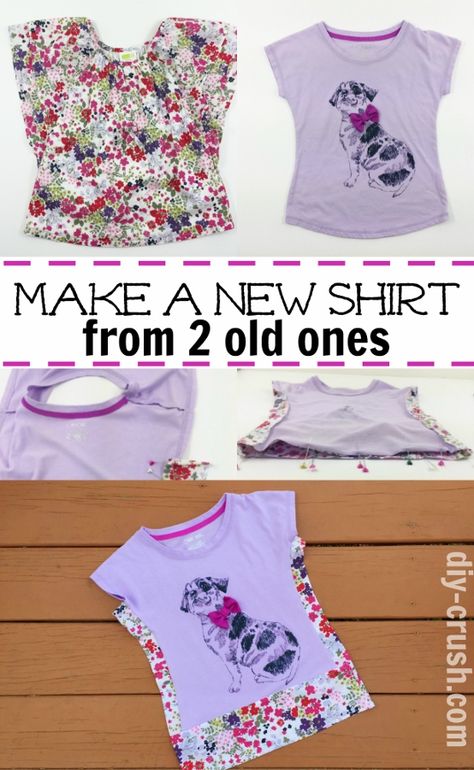 Tired of your kids outgrowing their shirts and you have to buy new ones? This DIY shows you how to make a larger shirt from two smaller ones. Shirts To Make, Upcycle Kids, Reuse Clothes, T Shirt Tutorial, Shirts Diy, Clothing Upcycle, Shirt Tutorial, Diy Shows, How To Recycle