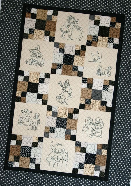 A Little Bit Biased: Jolly Halloween Black Quilts, Black And White Quilt, Finished Quilts, Black And White Quilts, White Quilts, Embroidered Quilts, Holiday Quilts, Halloween Embroidery, Fall Quilts